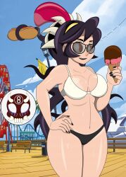 8ball9615 bikini black_nails filia_(skullgirls) hotdog ice_cream red_eyes skullgirls sunglasses sweating tanline tentacle tinted_eyewear