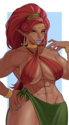 1girls abs breasts breath_of_the_wild brown_skin dark-skinned_female dark_skin female gerudo green_eyes gud0c hand_on_hip hips huge_breasts lipstick long_hair muscular muscular_female nintendo painted_nails pointy_ears red_hair revealing_clothes rings the_legend_of_zelda thick_lips thick_thighs thighs urbosa wide_hips