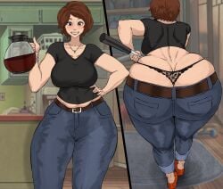 2d ass_cleavage big_hero_6 brown_hair butt_crack cass_hamada cyberboi disney female green_eyes heels huge_ass jeans marvel milf panties smiling solo solo_female tagme thick_thighs thong voluptuous whale_tail