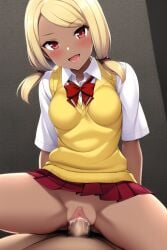 1boy 1girls ai_generated alternate_costume blonde_hair cardigan clothed_female_nude_male clothed_sex cowgirl_position cum cum_in_pussy dark_skin female female_on_top gravity_rush kat_(gravity_rush) pleated_skirt red_eyes school_uniform small_breasts stable_diffusion twintails