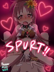 1boy 1girls black_bra black_panties blush blushing clitoris cowgirl_position cum cum_in_pussy cum_inside eyebrows_visible_through_hair female flower_in_hair girl_on_top heart-shaped_pupils jewelry magical_girl mahou_shoujo_madoka_magica male nose_blush panties_aside pearl_necklace peppermintwolf puella_magi_madoka_magica red_hair sakura_kyouko sarong sex sweat tagme very_long_hair waist_length_hair wristband