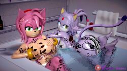 3d 3d_(artwork) amy_rose bath bathing bathroom bathtub blaze_the_cat boobs breasts butt domestic_cat feet feet_up female female_only fur furry furry_only hair hedgehog illusion_soft koikatsu naked nude nude_female patreon purple_illusions shiny_skin sonic_(series) sonic_the_hedgehog_(series) tattoo tattoos text text_bubble textless_version water watermark