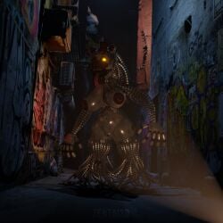 3d 3d_(artwork) alley alleyway ambiguous_pov animatronic bear bear_ears big_breasts blender blender_(software) blender_eevee female female_only five_nights_at_freddy's flashlight fnaf freddy_fazbear's_pizzeria_simulator glowing_eyes huge_breasts imminent_rape imminent_sex large_breasts living_machine long_hair looking_at_viewer metal_hair metallic_body molten_freddy naked night nude pov robot robot_girl rule_63 snake_tongue tophat wire wires yellow_eyes zentaisfm