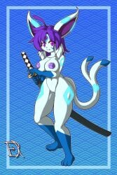 2023 absurd_res anthro areola big_breasts breasts clitoris derthevaporeon eeveelution espeon female fighting_pose generation_2_pokemon generation_4_pokemon genitals glaceon glowing glowing_markings hair head_gem hi_res hybrid_pokemon katana looking_at_viewer markings melee_weapon nintendo nude pokemon pokemon_(species) pose purple_hair solo sword umbreon weapon wide_hips