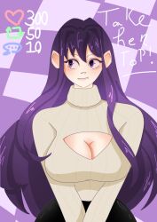 1girls big_breasts breasts cleavage cleavage_cutout comment_icon doki_doki_literature_club english_text female heart_icon long_hair number numbers only_female purple_background purple_eyes purple_hair retweet_icon snookfluff solo solo_female solo_focus strip_game text yuri_(doki_doki_literature_club)