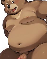 anthro bear belly blush brown_body brown_fur erection fupa fur genitals hi_res looking_at_viewer male mammal moobs navel nipples nude overweight penis rui_owo solo