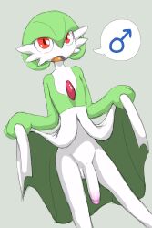 anthro balls big_penis dialogue dutch_angle femboy gardevoir gender_symbol generation_3_pokemon genitals girly green_hair hair hi_res hung_trap male male_gardevoir male_only male_symbol nintendo penis pokemon pokemon_(species) red_eyes solo solo_male speech_bubble standing symbol vulapa white_body white_skin