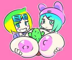 2girls alternate_version alternate_version_available aqua_eyes aqua_hair blonde_hair cactus colored double_paizuri genderswap_(mtf) hairclip hat huge_breasts ikutaro_urashima multiple_girls mv_character nekostigmata neru_(vocaloid) outline paizuri pink_background shirt_lift short_hair shutter_shades terada_tera_(style) titjob vocaloid yachiyo_umesawa