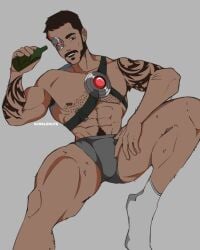 alcohol alcoholic_drink arm_tattoos armpit_hair armpits bara bear bottle bottles boxer_briefs boxers boxers_(clothing) bulge chest_hair cybernetic_eye facial_hair flaccid grey_underwear hairy hairy_male happy_trail kano kano_(mortal_kombat) male male_only mortal_kombat mortal_kombat_11 mortal_kombat_x muscles muscular mutton_chops pubes scrblenuts sideburns socks socks_on solo solo_male tattoo tattoo_on_arm tattooed_arm tattoos underwear