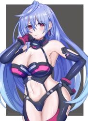 armpit bare_midriff bare_shoulders big_breasts blush cleavage collar earring eyebrows_visible_through_hair eyes_visible_through_hair female goddess hand_on_hip iris_heart light-skinned_female long_hair looking_at_viewer neptunia_(series) pink_eyes plutia purple_hair smile solo stiris_rangetsu straight_hair thick_thighs wide_hips