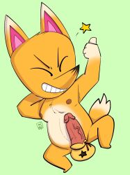 absurd_res animal_crossing anthro balls belly canid canine crazy_redd erection fox fur genitals gesture grin hi_res male mammal nintendo nipples noinipi nude orange_body orange_fur penis pupils slightly_chubby slit_pupils smile solo thumbs_up