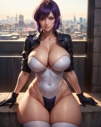 1girls ai_generated big_breasts breasts curvy cyborg female ghost_in_the_shell kusanagi_motoko kw0337 large_breasts light-skinned_female light_skin purple_hair short_hair standing thick_thighs voluptuous