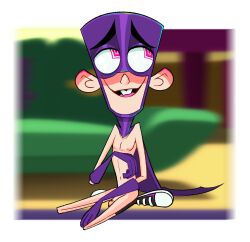 aged_up cape cowl fanboy_(character) fanboy_and_chum_chum flaccid flaccid_penis nickelodeon nicktoons nude_male purple_gloves shoes_on toony