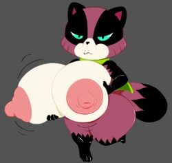 absurd_res anthro big_breasts big_nipples black_body black_fur breasts canid canine cape cartoon_network clothing demi-pig_(artist) female fur hi_res holding_breast huge_breasts mammal mao_mao:_heroes_of_pure_heart nipples raccoon_dog simple_background solo tanuki tanya_keys thick_thighs