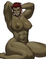 1girls absurd_res areolae arms_behind_head big_breasts breasts fangs female female_only green-skinned_female green_eyes green_skin hi_res kneeling looking_at_viewer muscles muscular muscular_female narrowed_eyes nipples nude nude_female orc orc_female original pointy_ears red_hair scotchmo smiling smiling_at_viewer solo sotcho thick_thighs white_background