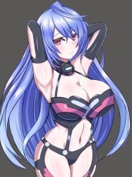 1girls armpits arms_behind_head arms_up bare_midriff big_breasts blush cleavage collar goddess iris_heart light-skinned_female long_hair looking_at_viewer navel neptunia_(series) pink_eyes plutia pose posing purple_hair sensual sexy_armpits shiny_skin smile solo stiris_rangetsu straight_hair thighs voluptuous