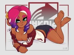 1girls breasts clothing dark-skinned_female feet hoodie looking_at_viewer nintendo octoling octoling_girl splatoon stracciatella tagme tentacle_hair