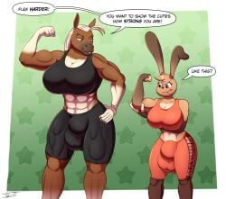 2futas abs absurd_res anthro anthro_only big_breasts breasts bulge cherry_popper duo english_text equid equine flexing furry futa_only futanari gym_clothing hi_res horse huge_breasts humanoid intersex juniper_(freckles) lagomorph leporid mammal muscular muscular_futanari muscular_intersex original rabbit self_upload speech_bubble text tohilewd