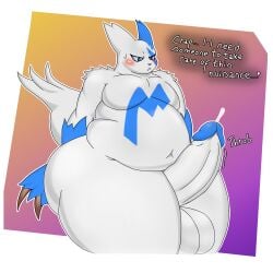 absurd_res anthro balls blush bodily_fluids claws curvy_figure digital_media_(artwork) drawee_draws english_text erection fur generation_3_pokemon genital_fluids genitals hi_res male mammal markings nintendo nude overweight overweight_male penis pokemon pokemon_(species) precum simple_background solo superchub tail text white_body white_fur wide_hips zangoose