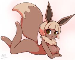 anthro artist_name artist_signature breasts brown_eyes brown_fur brown_hair eeveelution large_areolae nachan oc pokemon short_hair