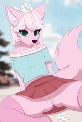 absurd_res anthro antlers artmarshmallow blep bottomwear canid canine clothing deer female fox freckles fur genitals hi_res horn hybrid mammal marshmallow_fluff_(character) pink_body pink_fur public pussy shirt skirt solo spread_legs spreading text tongue tongue_out topwear