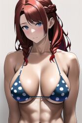 abs ai_generated bikini bikini_top blue_eyes blush female female_focus female_only french_braid large_breasts long_hair looking_at_viewer nai_diffusion original original_character pointy_chin polka_dot_bikini red_hair rubycks shiny_skin smile smiling_at_viewer solo solo_female solo_focus toned toned_female uncanny_valley underboob white_background