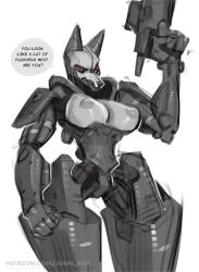 1girls 2d adam_smasher android anthro breasts canine cyberpunk:_edgerunners cyberpunk_2077 digital_media_(artwork) english_text female female_only firearm furrification furry furry_female furry_only grey_nipples johnfoxart nipples red_eyes robot rule_63 solo_female tagme text white_background