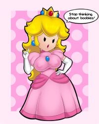 1girls angry clothed clothing dress english_text female female_only full_body large_breasts looking_at_viewer mario_(series) mob_face nipple_bulge nipples_visible_through_clothing no_bra paper_mario paper_peach princess_peach simple_background sleepiitreat solo speech_bubble stop_thinking_about_sex talking_to_viewer text