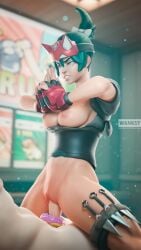 1boy 1girls 3d angry blender_(software) donut erection fingerless_gloves gloves green_eyes green_hair kiriko_(overwatch) mask_on_head overwatch overwatch_2 sex straight vaginal vaginal_penetration wanksy