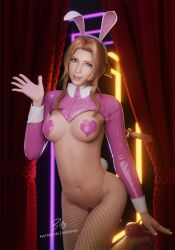 3d aerith_gainsborough billyhhyb brown_hair bunny_ears bunnysuit final_fantasy final_fantasy_vii final_fantasy_vii_remake fishnets green_eyes nipple_pasties pasties reverse_bunnysuit smooth_skin