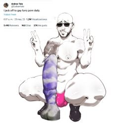 1boy abs andrew_tate bald bald_man beard bottom dildo giant_dildo glasses hi_res male male_focus male_only man_im_gonna_kms monochrome muscles muscular muscular_male paldraws pecs pink_thong sex_toy shitpost shoes sigma_male solo tattoo thong underwear what