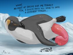 2022 4:3 antarctica avian big_penis bird dialogue digital_media_(artwork) emperor_penguin english_text feral genitals hi_res huge_cock ice macro magpi male penguin penis pink_penis prehensile_penis solo tapering_penis text