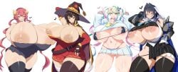 4girls aged_up alternate_breast_size alternate_version_available areola areolae belly_button big_breasts bimbo black_bra black_panties black_underwear blue_eyes blue_hair blush blushing_at_viewer breasts breasts_bigger_than_head brown_hair chouzetsusaikawa_tenshi-chan double_peace_sign double_v female fingers_up gigantic_breasts green_hair hands_up hat heart hi_res hips hololive hololive_english hololive_english_-council- huge_breasts hyper_breasts ilulu_(dragon_maid) inverted_nipples kono_subarashii_sekai_ni_shukufuku_wo! large_areolae large_breasts light-skinned_female light_skin long_hair looking_at_viewer massive_breasts megumin miss_kobayashi's_dragon_maid multicolored_hair naughty_face needy_girl_overdose needy_streamer_overload nipples nipples_visible_through_clothing ouro_kronii panties peace_sign pink_eyes pink_hair png puffy_nipples ribbon shirt_lift short_hair short_skirt short_stack shortstack simple_background sinensian skirt smile thick_thighs thighs too_small_clothes twintails two_tone_hair underwear venus_body virtual_youtuber voluptuous white_background white_hair wide_hips