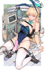 absurdres animal_ears arm_support blonde_hair blue_archive blue_eyes breasts bunny_ears bunnysuit cleaning_&_clearing_(blue_archive) crystal_haniwa_(blue_archive) dildo female halo haniwa_(statue) highres imminent_penetration imminent_sex iuui large_breasts long_hair mechanical_fixation milking_machine playboy_bunny rabbit_ears sex_machine sex_toy suspension thighhighs toki_(blue_archive) toki_(bunny)_(blue_archive) white_thighhighs