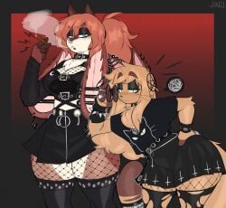 1boy 1girls 2023 anthro black_legwear blunt boy cross crossdressing dress drugs earring earrings feline female femboy fishnet fishnets furry glasses goth goth_boy gothic half-closed_eyes height_difference jinu jinu_(character) looking_at_viewer ring skirt smoke smoke_from_mouth smoking stocking stockings thick_thighs twitter weed