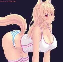 1girls 2023 animal_ears ass bent_over blonde_hair blue_panties blush breasts cleavage large_breasts licking licking_lips long_hair looking_at_viewer no_pants original panties patreon_username red_eyes skindentation striped_panties tagme tail tank_top thighhighs thighs tiffy tiffynyaa tongue tongue_out