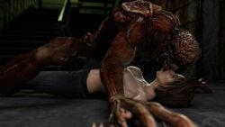 3d 3dzen breasts brown_hair capcom claws clothed clothing eyeless fangs female female_human female_human/male_monster french_kiss hair human humanoid interspecies jill_valentine jill_valentine_(sasha_zotova) kissing licker licker_(resident_evil) light-skinned_female male male/female male_monster monster muscular muscular_male nipples open_mouth partially_clothed red_body resident_evil resident_evil_3 resident_evil_3_remake straight tongue tongue_out