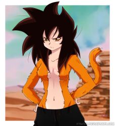 angry_face black_pants brown_hair cute dragon_ball dragon_ball_super dragon_ball_z exposed_breasts female female_only female_saiyan half_naked junereito kisa_(junereito) oc only_female orange_fur original_character pants saiyan saiyan_tail super_saiyan super_saiyan_4 tsundere yellow_eyes