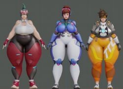 3d 3girls alternate_body_type bbw big_breasts big_thighs blizzard_entertainment bottom_heavy breasts chubby coolmaster98 d.va fat female female_focus female_only fully_clothed hana_song huge_thighs hyper hyper_ass kiriko_(overwatch) lena_oxton massive_thighs overwatch spandex take_your_pick thick_hips thick_thighs tight_clothing tracer trio wide_hips