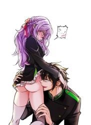 1boy 1girls artist_request black_hair black_hair_male blush blush_lines blushed blushes blushing eye_open eyes eyes_open eyes_opened female female/male green_eye green_eyes green_eyes_male hair hiiragi_shinoa hyakuya_yuuichirou male male/female open_eyes owari_no_seraph purple_hair purple_hair_female seraph_of_the_end violet_hair yellow_eye yellow_eyes yellow_eyes_female