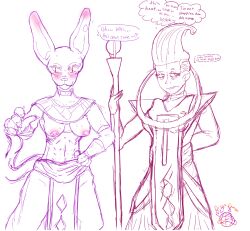 abs absurd_res angel anthro beerus deity dialogue discodemon dragon_ball dragon_ball_super dragon_ball_z duo eyeshadow felid feline female frown gesture hi_res humanoid makeup mammal pointing pointing_at_viewer rule_63 side_eye simple_background whis white_background