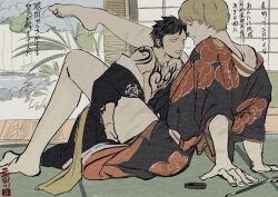 2boys barefoot black_hair blonde_hair chest_tattoo donquixote_rosinante eye_contact fine_art_parody full_body gay height_difference hi_res implied_sex japanese_clothes japanese_text kimono leg_grab long_sideburns looking_at_another male male_only off_shoulder one_piece open_kimono santaww65 shunga sideburns size_difference small_dom_big_sub style_parody tattoo tattoos trafalgar_law yaoi