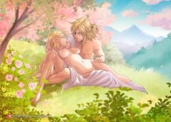 1boy 1boy1girl 1girls aquarina arm_around_neck blonde_hair blue_eyes breasts breath_of_the_wild completely_nude flower grass green_eyes hand_on_another's_leg hand_on_another's_thigh link link_(breath_of_the_wild) long_hair looking_at_another lying_on_person mountain nature nipples outdoors pointy_ears ponytail princess_zelda smile straight tears_of_the_kingdom the_legend_of_zelda tree wholesome zelda_(tears_of_the_kingdom)