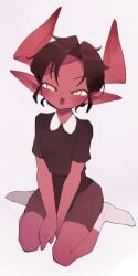 black_sweater brown_hair happy horns imp long_ears lui_ilwija pointy_ears red_body white_collar yellow_eyes youjomodoki younger_female