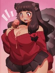 animal_humanoid big_breasts blush bodily_fluids bottomwear breasts cleavage clothed clothing dessert detailed_food female food hi_res humanoid ice_cream kaeritai07 mammal mammal_humanoid procyonid procyonid_humanoid raccoon_humanoid skirt solo sweat