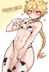 aether_(genshin_impact) amber_eyes black_nails blonde_hair blush btms666 collar cowbell erect_nipples femboy genshin_impact heart lactating long_hair male male_only milk nipples precum solo thighhighs