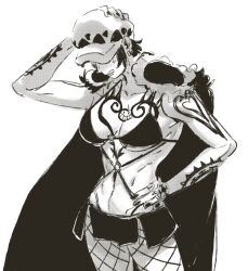 beast_pirates_(cosplay) big_breasts bikini_top canon_genderswap cape chest_tattoo cleavage female female_only fishnets genderswap_(mtf) guillartee hand_on_head hand_on_hip hat headwear monochrome one_piece rule_63 short_hair shounen_jump solo sweatdrop tattoo tattoos trafalgar_law trafalgar_law_(female)