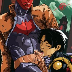 2boys batcest batman_(series) blowjob blowjob_only cumming_from_oral dc dc_comics ecchihentairobin gay gay_blowjob gay_domination jason_todd jaytim male male/male male_focus male_only open_mouth oral oral_sex red_hood_(dc) red_robin submissive_male sucking_penis superhero_costume technical_incest tim_drake