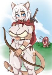 anthro arrow_(weapon) big_breasts blue_eyes blush bow_(weapon) breasts cleavage clothed clothing daigaijin domestic_cat felid feline felis female fur grass hi_res mammal maple_pericrest melee_weapon midriff navel outside plant ranged_weapon solo sword weapon white_body white_fur