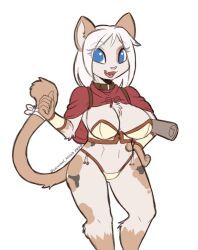 2020 2020s anthro armor blue_eyes breasts butt_from_the_front calico_cat caramel-kitteh chest_tuft clothed clothing cute_fangs domestic_cat felid feline felis female fully_clothed hair hand_on_hip mammal maple_pericrest midriff mottled navel open_mouth piebald pink_nose simple_background skimpy smile solo tuft unconvincing_armor white_background white_hair wide_hips